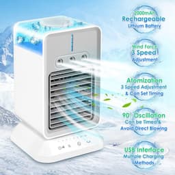Draagbare airconditioner met ventilator, oplaadbare, draadloze verdampingskoeler, op batterijen werkende bureauventilator met handvat, 3 windsnelheden, geschikt voor kleine kamers, kantoren en studentenkamers, wit. — thumbnail 2
