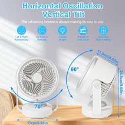 Tafelventilator Oplaadbaar USB - Stille Bureauventilator met Oscillatie - 4 Snelheden - Draadloos - 5700mAh - 90° Draaibaar - Ventilator voor Kantoor, Slaapkamer en Camping - Wit — thumbnail 5