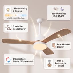 Plafondventilator met lamp - Diameter 106.6 cm - LED dimbaar & 6 snelheden - Massief houten bladen - Modern - Natuurlijk hout en Wit — thumbnail 2