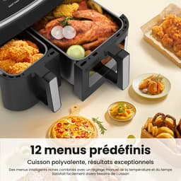 Airfryer 10L met dubbele mand 6L + 4L, 2800W, 12 kookprogramma’s, LED-touchscreen, kijkvenster en microstoomfunctie, 50–200°C, olievrije XXL heteluchtfriteuse voor grote gezinnen, zwart — thumbnail 2