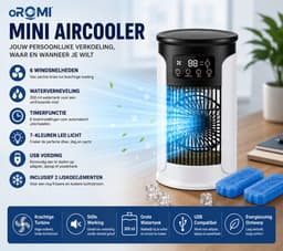 oROMI Aircooler met Waterverneveling – 6 Snelheden – 300 ml Watertank – 7 Kleuren LED – Timer – USB Tafelventilator met 2 Koelelementen — thumbnail 2