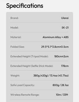 Ulanzi SK-21 Selfie Stick Statief - Uitschuifbaar van 30 tot 180 cm - Quadripod met auto-Open functie - Magnetisch MagSafe statief - Ingebouwde bluetooth remote - Zwart — thumbnail 5