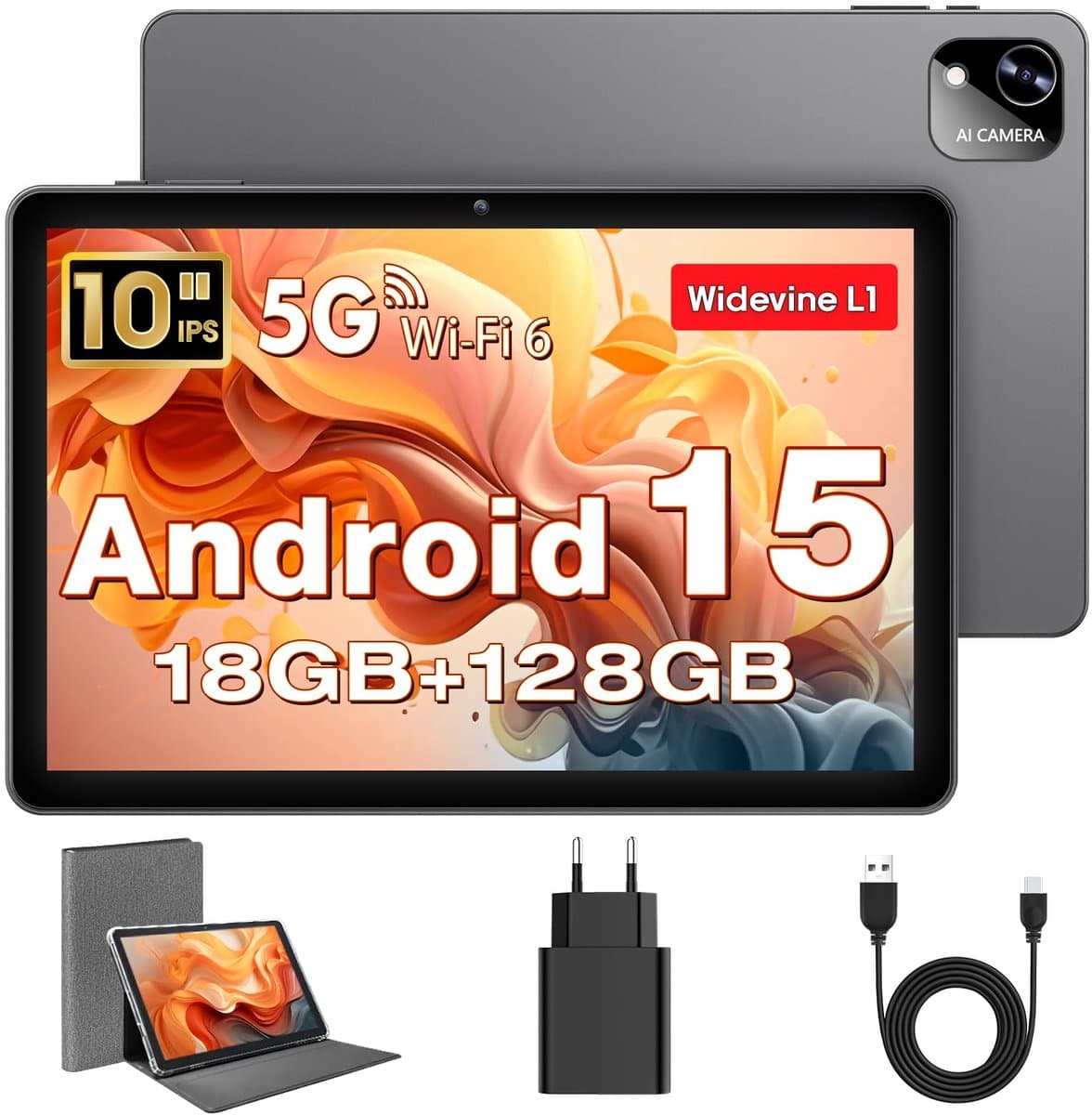 SnelShoppen - 10 Inch Android 15 Tablet met Hoes, Unisoc T30 Quad-Core, 18 GB RAM, 128 GB ROM, 1 TB TF, 6000 mAh, WiFi 6, GPS, Dual Camera, HD IPS-Sch — afbeelding 1
