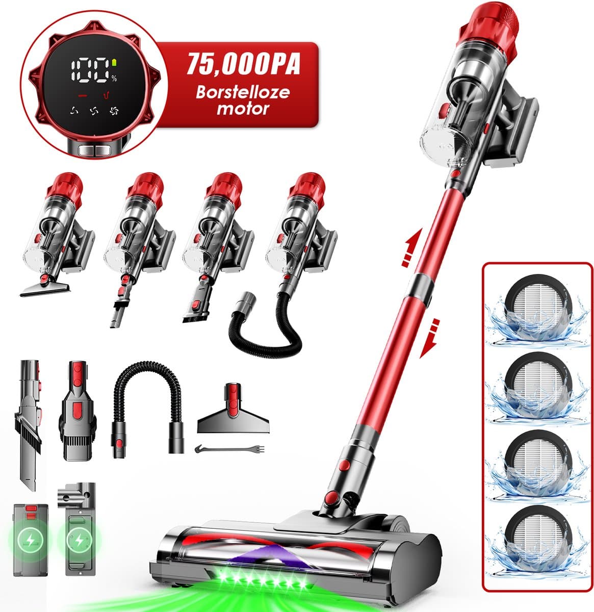 Hiaonyx steelstofzuiger - 9-in-1 steelstofzuiger draadloos - 75000pa - Met dierenborstel - LED Groene Stofdetectielamp - Geschikt voor Tapijten - Harde Vloeren en Dierenharen - 2-liter stofopvangbox - Goudkleurig — afbeelding 1