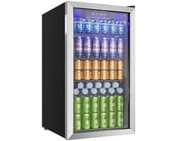 QUESTYR - Drankenkoelkast met glazen deur voor 126 blikjes - verstelbare planken voor bier/wijn, huis/bar/kantoor - zilver roestvrij staal