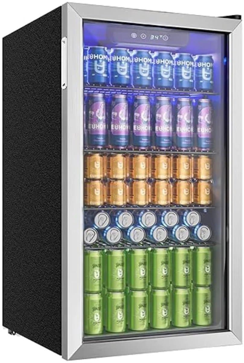 QUESTYR - Drankenkoelkast met glazen deur voor 126 blikjes - verstelbare planken voor bier/wijn, huis/bar/kantoor - zilver roestvrij staal — afbeelding 1