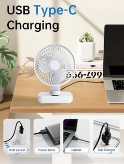 Mini Ventilator – Oplaadbare Tafelventilator – 4000 mAh – 4 Snelheden – 270° Oscillerend – Stil 30 dB – Wit — thumbnail 5