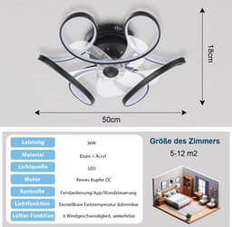 Plafondventilator - Plafondlampen - Plafond met ventilator - Armatuur - Verlichting - Diameter 50 cm - Zwart - Designstuk - Kleur traploop instelbaar -Met afstandsbediening - App - Woonkamer - Slaapkamer - Studeerkamer — thumbnail 5