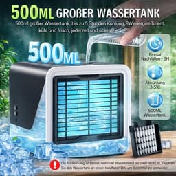 Luchtkoeler - Mobiele airco zonder afvoerslang, mini-luchtkoeler met waterkoeling, stille USB-C-ventilator, 3 snelheden, draagbare luchtkoeler voor slaapkamer, kantoor en auto, tafelventilator, compact（zwart） — thumbnail 5