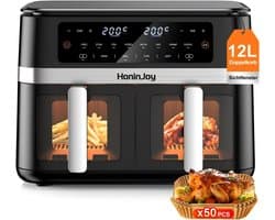 SnelShoppen - Airfryer Dubbele Mand 12L met Beeldvenster, 50 Papieren Liner, 12-in-1 Dubbelzone Airfryer met Digitaal Touchscreen, Sync-Cook Functie v