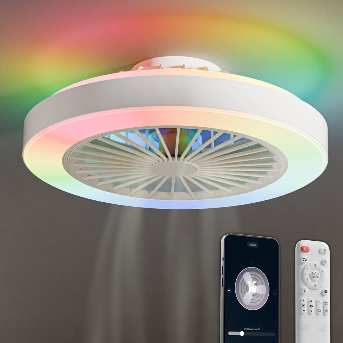 Avacy Plafondventilator met Verlichting - Plafondlamp Ventilator - Plafonniere - LED RGBW - Tuya Wifi Smart - Afstandsbediening - ⌀ 50cm - Wit — afbeelding 1