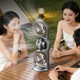 Tafelventilator met 3 koppen - 5 standen instelbaar - 360° draaibaar en stil - Met lamp - Voor thuis, kantoor, camping, visserij en strand — thumbnail 2