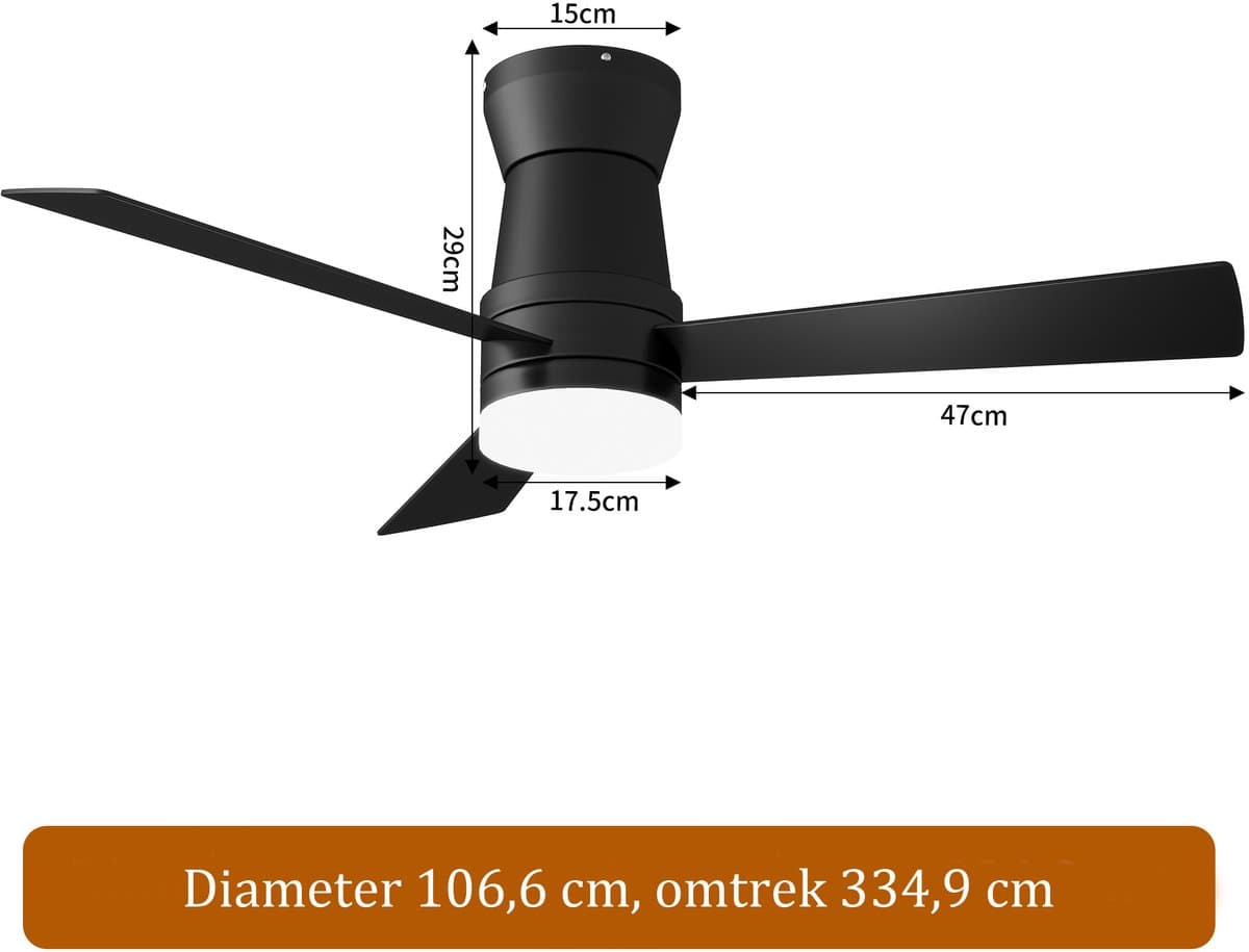 2-in-1 Plafondventilator, LED-Verlichting, 3 Instelbare Kleuren, 6 Snelheden, 3 Bladen, Sfstandsbediening, Timerfunctie, Geschikt voor Zowel Winter als Zomer, Ideaal Woonkamer (Zwart, 107 cm) — afbeelding 1