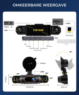 SNJY® Dashcam voor Auto - Auto Camera - Dashcam Voor en Achter en Zijkanten - 360° Dashcam - 1080P - Zwart — thumbnail 5