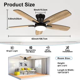 Plafondventilator met verlichting - Met Afstandsbediening - stille ventilator - 106 cm - plafondventilatoren - met 5 houten ventilatorbladen - houtnerf/zwart - voor slaapkamer en woonkamer — thumbnail 5