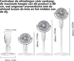 KZQ Staande Ventilator Voor Slaapkamer - Luchtcirculator - 90° En 180° Oscillerend - 5 Snelheden - 3 In 1 Vloer En Tafel Model - 38cm 60cm 82cm Verstelbare Hoogte - Met Afstandsbediening - Voor Thuis En Studentenkamer - Wit — thumbnail 2