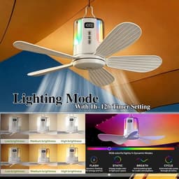 Ryoudavell - Draagbare Campingventilator - 10080mAh Oplaadbare Tent Ventilator - Oplaadbare Plafondventilator met Licht en Afstandsbediening - Plafondventilator met Verlichting - Geschikt voor Camping, Buiten, Paviljoen en Terras — thumbnail 5