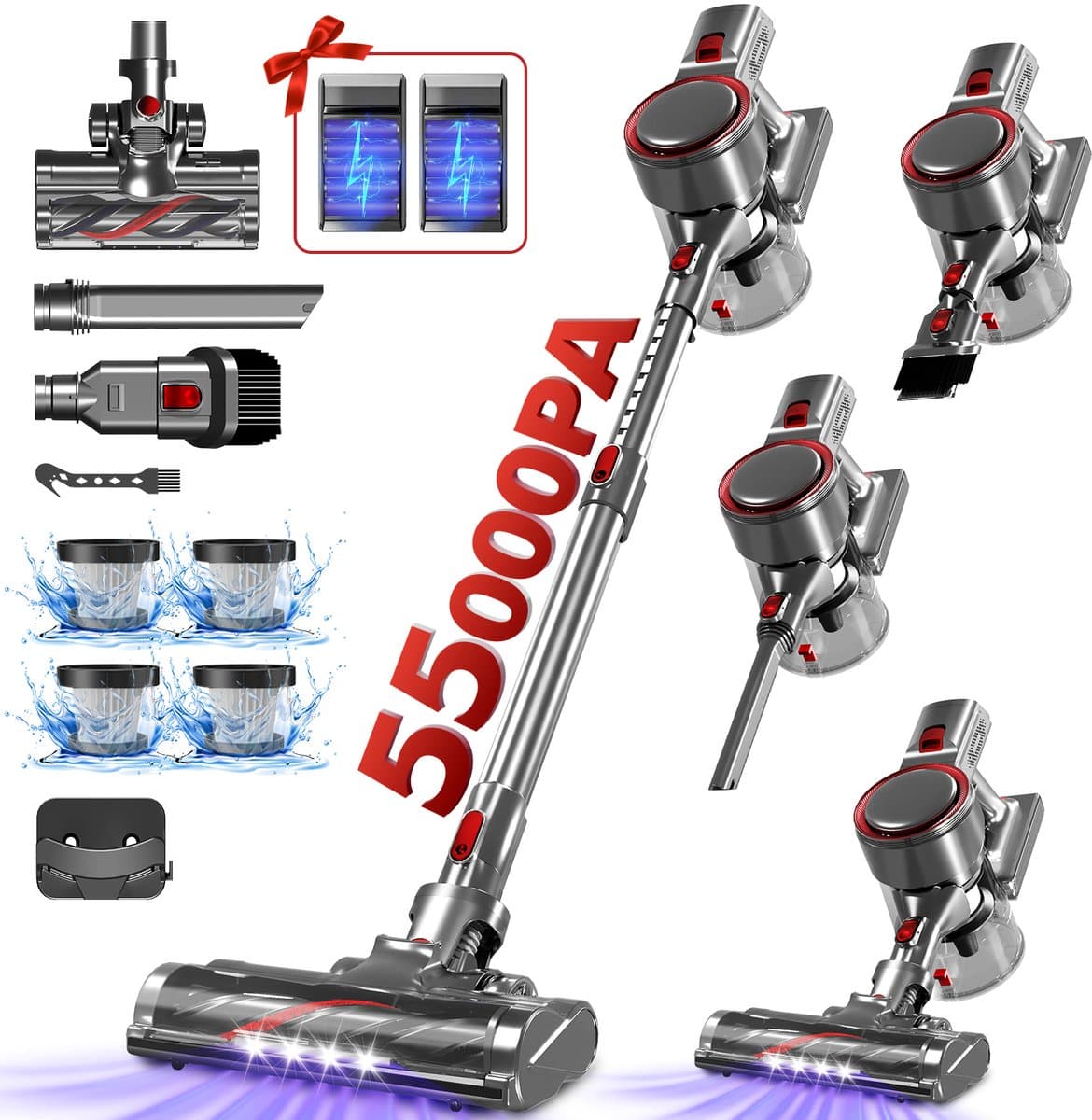 Hiazurm Steelstofzuiger Draadloos - 55000 Pa - LED-display - 55min Gebruikstijd - 2 accu's - 1,8L - 8-in-1 - 4 HEPA-filters - voor tapijt & harde vloeren - Zilver — afbeelding 1