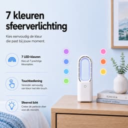 Bladloze Ventilator met LED Licht 7 Standen - Oplaadbaar USB C - Fluisterstil - 3 Standen - Tafelventilator met Verlichting - Draagbare Ventilator - Wit - Silvergear — thumbnail 2