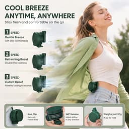 Mini Ventilator - Clip-On Ventilator - Handventilator - 3 Snelheidsinstellingen - Nekventilator - Oplaadbaar via USB - Portable Clip Fan - Stille Ventilator - Tafelventilator Waaier Handwaaier - Ideaal voor op reis, kamperen of reizen - Groen — thumbnail 5