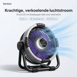 Sentara Campingventilator Oplaadbaar 20000mAh – Krachtige Draagbare Buitenventilator 10 m/s met LED-nachtlamp, Powerbank-functie, Timer & Opbergtas – Ophangbaar of Staand – 25 cm – Grijs — thumbnail 3