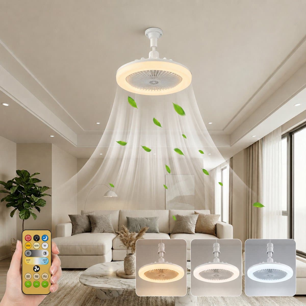 MUPOO Plafond ventilator met LED verlichting E27 - 360° Draaibaar - Dimbaar & Afstandsbediening - Plug & Play -3 Kleurtemperatuur & Snelheden - Ø 25cm - Mini Ventilator voor Slaapkamer & Toilet - Wit — afbeelding 1
