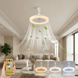 MUPOO Plafond ventilator met LED verlichting E27 - 360° Draaibaar - Dimbaar & Afstandsbediening - Plug & Play -3 Kleurtemperatuur & Snelheden - Ø 25cm - Mini Ventilator voor Slaapkamer & Toilet - Wit — thumbnail 1