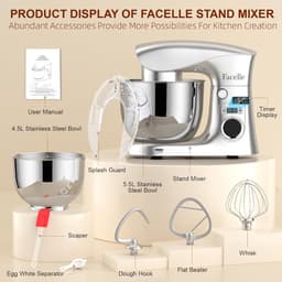 Keukenmachine - Deegmachine Mixer - Bakken Thuis - Krachtige 1500W Motor - 5.5L Kom - Zilver — thumbnail 4
