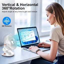 LISM - Draagbare clipventilator met LED-verlichting, USB-bureauventilator op batterijen, stille, oplaadbare mini-bureauventilator met 4 snelheden, 360° draaibare persoonlijke koelventilator Geschikt voor thuis, kantoor, kinderwagen en camping (wit) — thumbnail 2