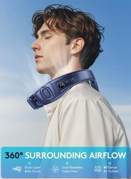 Nekventilator die koele lucht blaast, draagbare ventilator op batterijen, zonder bladen, oplaadbaar, 3 windsnelheden en 3 windstanden (blauw). — thumbnail 4