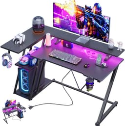 Gaming Bureau met LED Verlichting - 100L x 88H x 65B cm - L-Vormig Hoekbureau met Stopcontact - Met USB en Type-C-poort - Met Bekerhouder & IJzeren Haak - Gaming Desk - Computer Tafel - Gaming Tafel met Monitorstandaard - 3 Laags Opbergrekken - Zwart — thumbnail 1