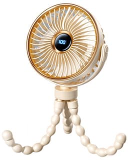 Draagbare mini kinderwagenventilator, oplaadbare persoonlijke ventilator, reisbenodigdheid voor babywagen, speelwagen, autostoel en loopband, fietsaccessoire, 360° draaibaar, 3 snelheden met display, beige — thumbnail 1