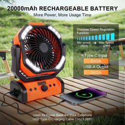 20000 mAh USB-campingventilator met LED-verlichting, draagbare oplaadbare bureau-/tentventilator met afstandsbediening en haak, 270° draaibare kop voor vissen en als windscherm. — thumbnail 4