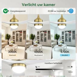 Plafondventilator Met Lamp - 3 Hout Bladen - Ø 52 inch - Dimbare lamp - Met Afstandsbediening - 3 kleurtemperaturen - Geluidsarme werking - LED's Light - Goud, wit — thumbnail 2