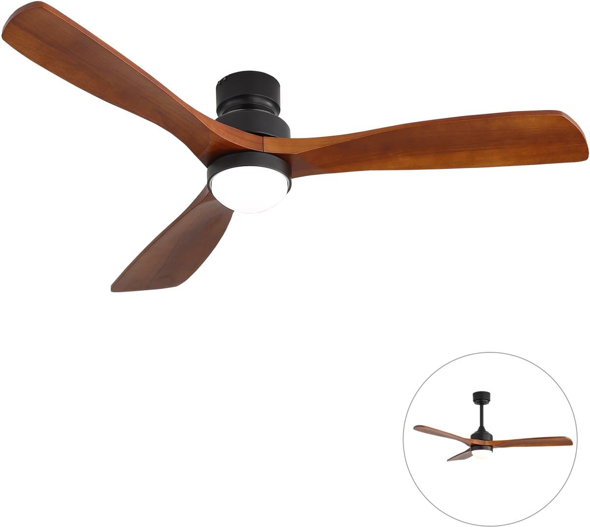 Plafondventilator Met Lamp - 3 Hout Bladen - Ø 52 inch - Dimbare lamp - Met Afstandsbediening - 6 ventilatorstanden - Met geheugenfunctie - LED's Light - Zwart, walnootkleurig — afbeelding 1