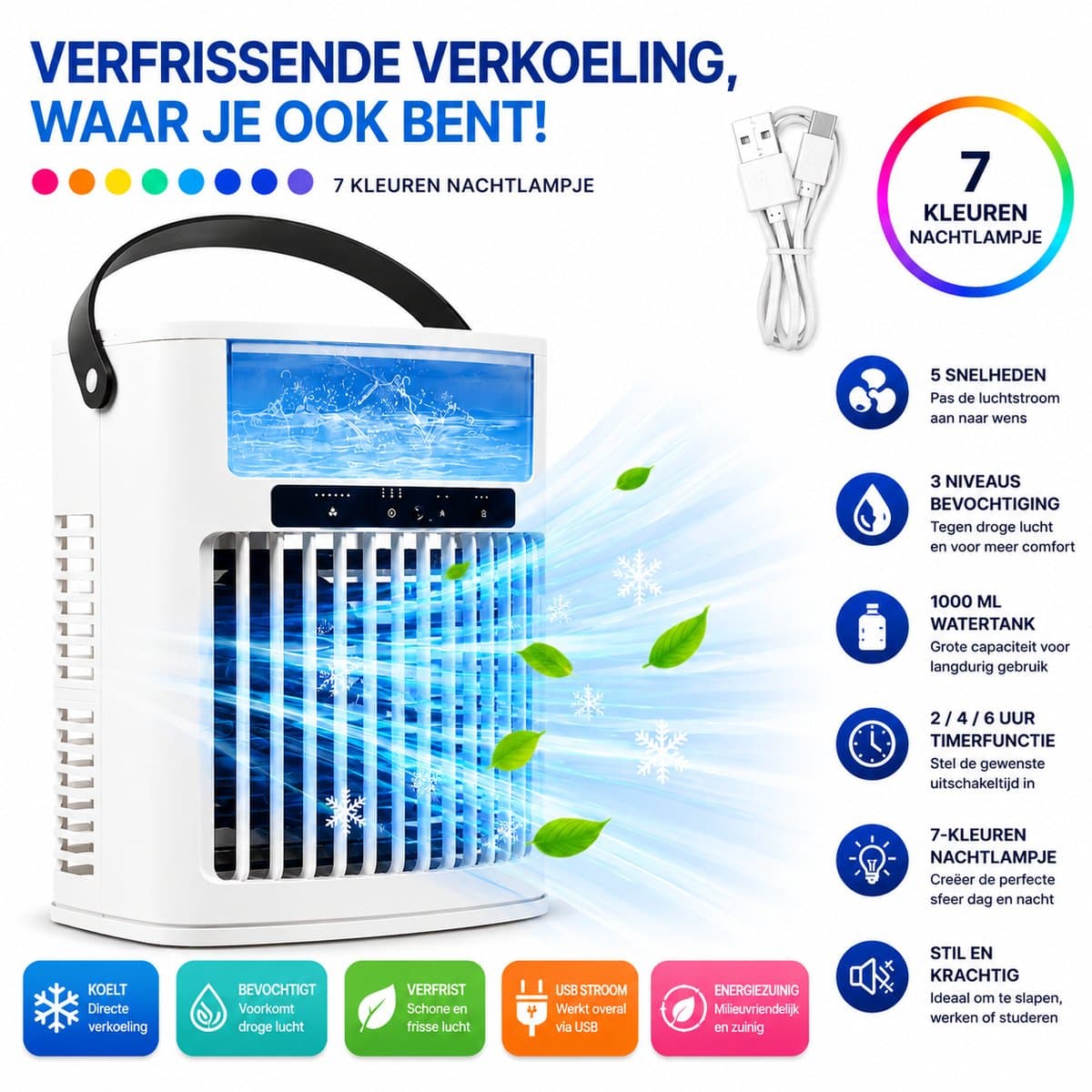 HomeGoodies - Airco - Aircooler - Mini airconditioner - Draagbaar - 7 Kleuren Nachtlamp - Voor Slaapkamer, Kantoor & Camper — afbeelding 1