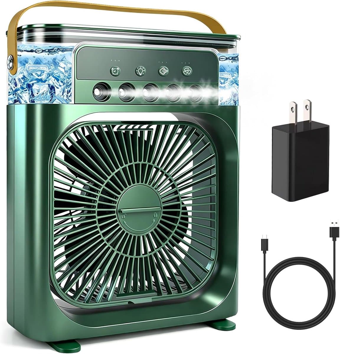 Draagbare airconditioner met ventilator, mini-verdampingskoeler met 5 sproeimondstukken, 3 windsnelheden, 3 timers, 7 kleuren LED-verlichting, 600 ml persoonlijke airconditioner/ventilator voor slaapkamer, kantoor en camping (groen) — afbeelding 1