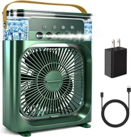 Draagbare airconditioner met ventilator, mini-verdampingskoeler met 5 sproeimondstukken, 3 windsnelheden, 3 timers, 7 kleuren LED-verlichting, 600 ml persoonlijke airconditioner/ventilator voor slaapkamer, kantoor en camping (groen) — thumbnail 1