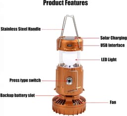 Campinglantaarn met ventilator, opvouwbare zaklamp/lantaarn, USB-oplaadbaar, werkt op zonne-energie en batterijen, campinglamp voor picknick, barbecue, vissen, reizen, oplaadbare noodverlichting (goud) — thumbnail 2