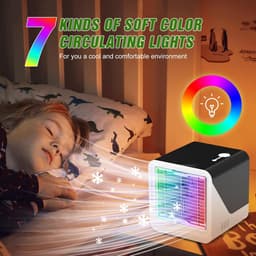 Draagbare luchtkoeler–3-in-1 draagbare persoonlijke airconditioner – Watertank van 500 ml – 3 ventilatorsnelheden & ledverlichting in 7 kleuren – Ventilator met verdampingskoeling (USB-voeding) – Geschikt voor kamers, bureaus en kantoren – Zwart — thumbnail 4