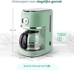 Emerio Retro Koffiezetapparaat - 1.5L - Anti drup - Warmhoudplaatje - Anti slip - Filterkoffie - CME-133280 Groen — thumbnail 5