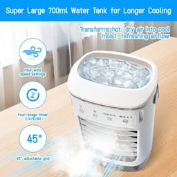 Mobiele airconditioning, mini-luchtkoeler met 4 windstanden en 7 kleuren led, draagbare luchtkoeler met groot waterreservoir (tot 2 uur looptijd), USB-voeding, stil, voor kantoor, thuis, camping - wit [Energieklasse A] — thumbnail 2