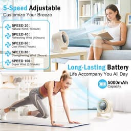 Tafelventilator, 3-in-1 USB-ventilator, stille tafelventilator, mini-ventilator, 5 snelheden, campingtafelventilator met accu, 360 graden instelbaar, voor keuken, slaapkamer, camping, kantoor, outdoor — thumbnail 2