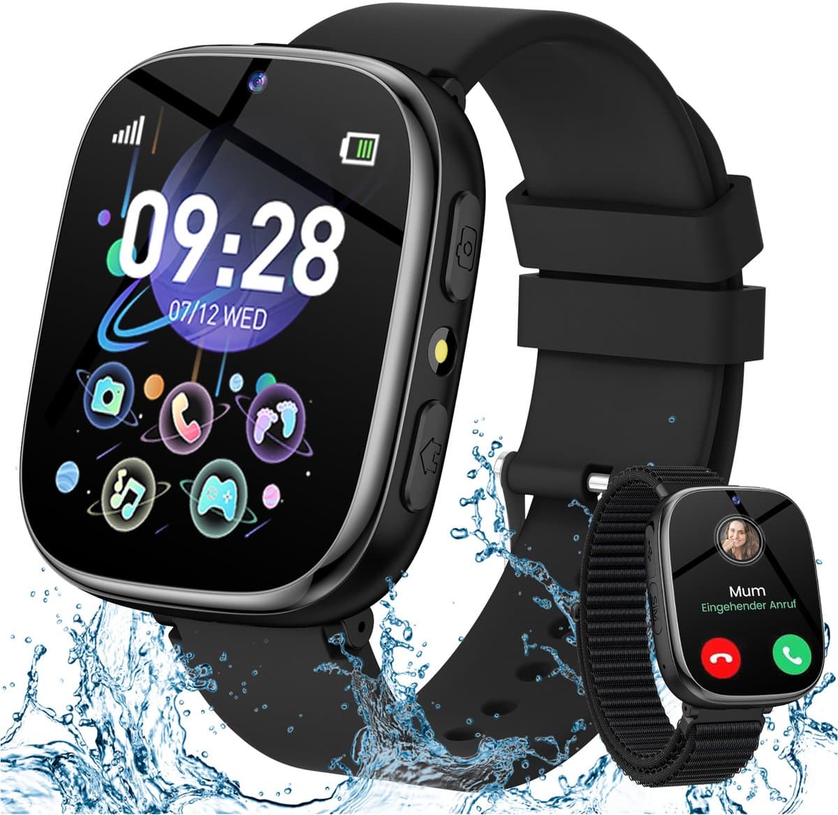 FOSMET Horloge Kind - Smartwatch Kinderen - 2G-Incl. Camera en 31 Kids Spelletjes - 512MB Geheugen - IP68 Waterdicht - Video Bellen& - USB Oplaadbaar Kinderhorloge SOS-Knop - Voor IOS & Android - Cadeaus voor Jongens en Meisjes - Zwart — afbeelding 1