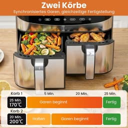 COSTWAY Heteluchtfriteuse, 2 kamers, Airfryer 8,5 l met kijkvenster, Sync Cook & Match Finish, digitaal touchscreen en 360° hete lucht, 2100 W, vaatwasmachinebestendig — thumbnail 2