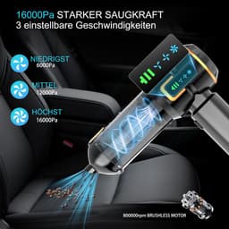 Wishdor Handstofzuiger auto 16000Pa - Draadloze kruimeldief met blaas- en zuigfunctie - Met 9 opzetstukken en LED display - Voor auto en thuis - Zwart goud - 21,4 x 4,8 x 20 cm — thumbnail 5