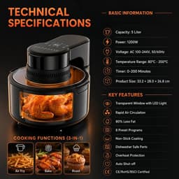 VidaStore Airfryer - Airfryer - Transparante Airfryer - Airfryer oven - Glazen deksel - 8 programma's - 5 liter - Compact 33x28x27 — thumbnail 2