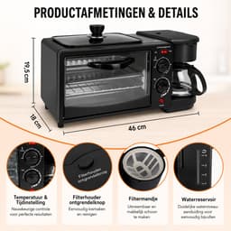 Celestul 3-in-1 Magnetron – Mini Oven 9L – Koffiezetapparaat met Geïsoleerde 600 ml Koffiekan – Broodrooster – Compact Keukenapparaat – Zwart — thumbnail 4