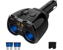 SnelShoppen - 150W Auto Lader met 2 Sigarettenaanstekers en 3 USB Poorten - PD 3.0 Type-C Snellader voor GPS, Dashcam, Navigatie en Meer