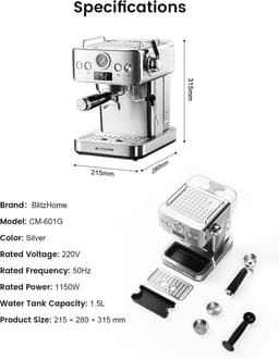 BlitzHome CM-601G Espressomachine Halfautomatisch 20 Bar – Espresso Apparaat met Melkopschuimer, PID Temperatuurregeling, Drukmeter en Thermoblock – Zilver — thumbnail 2